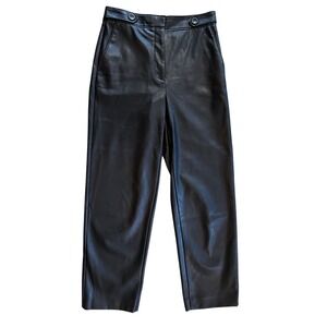 Ann Taylor Black Faux Leather Ankle Pants High Rise Side Tab Trousers Womens 0